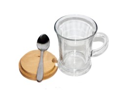 КИМ 50823К1 Чашка скляна з ложкою та дерев'яною кр. 385мл Бiла